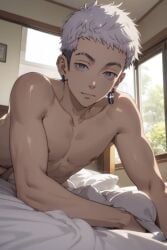 1boy abs ai_generated anime anime_style calm comforting crawling cute dick earrings grey_eyes grey_hair laying_down laying_on_bed looking_at_viewer male male_focus male_only mitsuya_takashi muscular muscular_male naked naked_male necklace pale-skinned_male pale_skin solo solo_focus solo_male takashi_mitsuya tokyo_revengers white_eyes white_hair