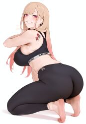 1girls ai_generated armpits ass ass_focus blacked blacked_clothing blonde_hair blush ear_piercing female female_only grin gym_uniform kitagawa_marin long_hair looking_at_viewer mikerss nipples_visible_through_clothing open_mouth queen_of_spades red_eyes smile smug solo sono_bisque_doll_wa_koi_wo_suru squatting sweat tank_top toes white_background yoga_pants