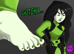 black_hair black_lipstick feet foot_crush giantess green_eyes green_toenails kim_possible leather nail_polish nikonoir pale_skin red_hair shego shrinking suit toes villain