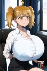 1girls ai_generated big_breasts blonde_hair clothed clothing huge_breasts looking_at_another please_don't_bully_me,_nagatoro sitting solo solo_female yoshi_(nagatoro)