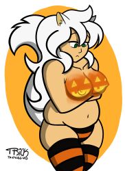 black_and_orange body_paint breasts breasts cat_tail catgirl chubby chubby_female halloween jack-o'-lantern panties stockings thighhighs thong tricktownsend(artist) white_background white_hair