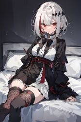 ai_generated bed bowtie dtto. medium_breasts multicolored_hair red_hair reject_(esports) short_hair skirt stockings thick_thighs virtual_youtuber white_hair