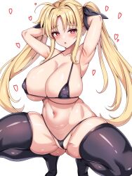 1boy absurdres armpits bikini black_bikini black_ribbon black_thighhighs blonde_hair blush breasts cleavage collarbone fate_testarossa female hair_ribbon highres huge_breasts large_breasts long_hair looking_at_viewer lyrical_nanoha mahou_shoujo_lyrical_nanoha micro_bikini mitomumitomu open_mouth presenting_armpit red_eyes ribbon solo spread_legs squatting swimsuit thighhighs twintails