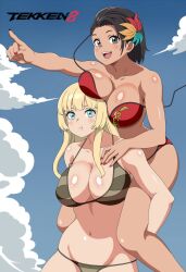 2girls azucena_milagros_ortiz_castillo big_breasts bikini black_hair blue_eyes carrying core_rincon dark-skinned_female dark_skin emilie_de_rochefort european_female feathers_in_hair female gray_eyes latina namco peruvian_female tekken tekken_8 voluptuous voluptuous_female white_body yellow_hair