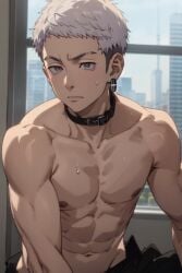 1boy abs ai_generated anime anime_style calm collar collared cute earrings grey_eyes grey_hair looking_at_viewer male male_focus male_only mitsuya_takashi muscular muscular_male necklace pale-skinned_male pale_skin solo solo_focus solo_male sweat takashi_mitsuya tokyo_revengers white_eyes white_hair