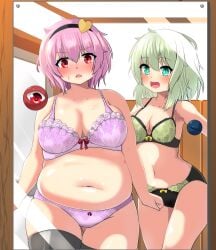 bbw belly_overhang big_belly big_female blush bra chubby chubby_female embarrassed fat fat_ass fat_female fat_fetish fat_girl fat_woman fatty green_bra green_hair koishi_komeiji large_female obese obese_female overweight overweight_female panties pig pink_bra pink_hair plump pork_chop satori_komeiji surprised sweatdrop thick_thighs touhou tubby weight_gain