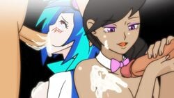 2girls animated big_breasts black_hair blowjob blue_hair blush blushing breasts collar cum cum_in_mouth cum_in_throat cum_on_breasts cum_on_face cumshot dark-skinned_female deepthroat dj_pon-3_(mlp) equestria_girls erection eyes_rolling_back fantasyblade fellatio foreplay friendship_is_magic gif glasses_on_head hand_on_head handjob hasbro humanized jacket light-skinned_female looking_at_partner my_little_pony naked nipples octavia_melody open_jacket oral penis purple_eyes purple_eyeshadow red_eyes sideboob two_tone_hair