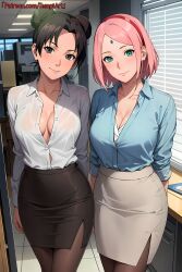 2girls ai_generated alternate_costume artist_name bare_legs bare_thighs boruto:_naruto_next_generations brown_eyes brown_hair cleavage commentary curvaceous curvy curvy_body curvy_female curvy_figure double_bun facing_viewer female female_only formal formal_clothes front_view green_eyes hourglass_figure indoors light-skinned_female light_skin long_hair looking_at_viewer mature mature_female multiple_girls nai_diffusion naruto naruto_(series) no_bra office office_lady pantyhose patreon_username pink_hair sakura_haruno shirt skirt slim_waist stable_diffusion stockings take_your_pick temptart tenten thick_thighs thighs twin_buns unbuttoned_shirt url watermark web_address wide_hips