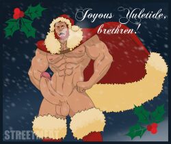 1boy balls bara big_balls big_penis boner christmas christmas_clothing erection fate/zero fate_(series) holidays iskandar_(fate) male male_focus male_nipples male_only muscular_male nipples nude penis red_hair solo solo_male streetmeat