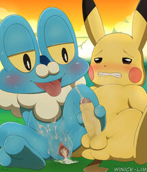 2017 animal_genitalia cum cum_in_pussy cum_inside cum_leaking cumshot ejaculation erection female froakie male nintendo no_humans orgasm penis pikachu pokémon_(species) pokemon pussy video_games winick-lim