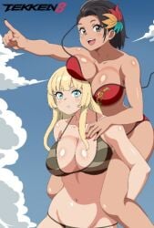 2girls azucena_milagros_ortiz_castillo big_breasts bikini black_hair blue_hair carrying cleavage core_rincon dark-skinned_female dark_skin emilie_de_rochefort european_female feathers_in_hair female gray_eyes latina namco peruvian_female tekken tekken_8 video_game_character video_games voluptuous voluptuous_female white_body yellow_hair