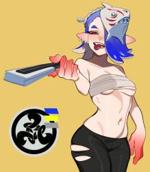 2024 black_eyelashes black_pants blue_hair blush breasts budget_sarashi chest_sarashi colored_extremities cowboy_shot deep_cut_(splatoon) digital_media_(artwork) dipstick_fingers ear_piercing female folded_fan hair_over_one_eye hand_fan hi_res japanese_female light-skinned_female light_skin looking_at_viewer mask mask_on_head navel nintendo octoling pants piercing pointy_ears porqueloin pseudo_hair red_eyes red_hands sarashi sharp_teeth shiver_(splatoon) shiver_hohojiro short_hair small_breasts splatoon splatoon_(series) splatoon_3 stomach teeth tight_clothing tight_pants tongue tongue_out torn_clothes underboob