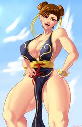 1girls absurdres alternate_costume big_breasts breasts chun-li cleavage double_bun eyeshadow female female_only hair_bun highres large_breasts looking_at_viewer nipple_bulge solo sowilo street_fighter text thick_thighs watermark wide_hips