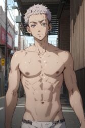 1boy abs ai_generated anime anime_style calm cute earrings grey_eyes grey_hair looking_at_viewer male male_focus male_only mitsuya_takashi muscular muscular_male necklace outside pale-skinned_male pale_skin shirtless shirtless_male solo solo_focus solo_male takashi_mitsuya tokyo_revengers white_eyes white_hair