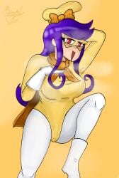 big_breasts breasts female female_focus female_only fully_clothed fully_clothed_female kkmate noise-chan one_leg_up peppina_and_the_magical_tower_of_pizza pizza_tower purple_hair red_eyes self_upload steam sweat tagme thick_thighs thighs