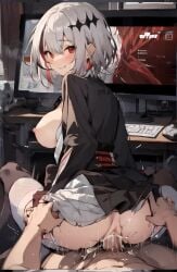 1boy 1girls ai_generated ass bedroom big_breasts clothed_sex dtto. looking_at_viewer red_eyes reverse_cowgirl_position stockings thighhighs thighs virtual_youtuber vtuber white_hair