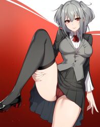 1girls ai_generated black_footwear black_skirt breasts cameltoe female fully_clothed grey_hair grey_jacket grey_thighhighs grey_vest large_breasts leg_lift lifting_leg long_sleeves maha_no_hanashi masa_works_design medium_hair milua novelai oppai panties pleated_skirt red_eyes red_panties self_upload seryl-claude_les_elizabeth shoes skirt smile solo solo_female stable_diffusion standing standing_on_one_leg thighhighs thighs two_side_up vest vocaloid white_shirt zettai_ryouiki