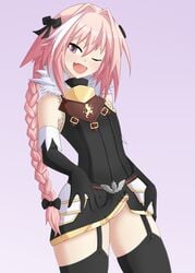 1boy astolfo_(fate) erection erection_under_clothes fate/apocrypha fate_(series) femboy garter_belt girly looking_at_viewer male male_only penis penis_under_clothes santystuff solo thighhighs trap