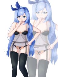 blue_eyes blue_hair garter_belt hair_ribbon im_tim lingerie minah pout pulling_panties underwear