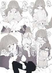 1boy 1girl absurdres animal_ear_fluff animal_ears blue_archive blush clothes_in_mouth covering_own_mouth cup dog_ears fellatio female finger_sucking fingering genderswap_(ftm) greyscale hair_over_one_eye halo hand_on_another's_stomach heart heart-shaped_pupils highres holding holding_cup kanna_(blue_archive) long_hair male_sensei_(blue_archive) monochrome mouth_hold multiple_views no_pants oral pussy_juice rule_63 sensei_(blue_archive) senta_(ysk_0218) shirt_in_mouth short_hair speech_bubble spoken_heart spread_legs straight sweatdrop symbol-shaped_pupils thought_bubble vaginal_penetration