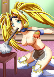 battle_arena_toshinden big_breasts blonde_hair bondage cleaning duster_in_mouth femsub gagged kneeling maid_apron naru_amoh slave slavetoon wrists_at_neck wrists_bound