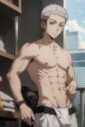 1boy abs ai_generated anime anime_style calm cute dick earrings grey_eyes grey_hair looking_at_viewer male male_focus male_only mitsuya_takashi muscular muscular_male necklace pale-skinned_male pale_skin shirtless solo solo_focus solo_male sweat sweating sweaty_body takashi_mitsuya tokyo_revengers white_eyes white_hair