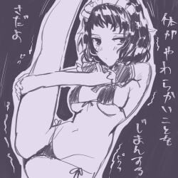 atlus bikini bikini_bottom black_and_white black_hair blush holding_leg leg_up maid maid_bikini maid_headdress medium_breasts megami_tensei midriff persona persona_5 persona_5_royal sadayo_kawakami short_hair sketch teacher tummy yaoto