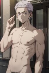 1boy abs ai_generated anime anime_style calm cute earrings grey_eyes grey_hair looking_at_viewer male male_focus male_only mitsuya_takashi muscular muscular_male naked necklace no_clothes pale-skinned_male pale_skin seductive solo solo_focus solo_male takashi_mitsuya tokyo_revengers waiting white_eyes white_hair