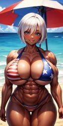 1girls 2024 abs ai_generated american_flag_bikini armpits beach big_breasts bikini breasts cleavage cloud clouds collarbone dark_skin dark_skinned_female exposed_thighs eyebrows eyelashes female female_only gigantic_breasts hand_on_hip high_resolution highres hips hourglass_figure huge_breasts large_breasts light_hair looking_at_viewer midriff muscular muscular_female navel nipple_bulge nipples original original_character parted_lips sea self_upload short_hair smile smiling smiling_at_viewer solo stable_diffusion standing sun sunny thick_thighs thighs toned toned_body toned_female umbrella voluptuous voluptuous_female water wave waves white_hair yodayo