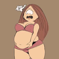 1girls bare_shoulders big_ass big_belly big_breasts big_thighs bra brown_hair catchphrase cathy cathy_andrews_hillman chubby cleavage comic_character earrings exclamation fat fat_rolls holding_belly long_hair looking_down obese open_mouth panties round_head solid_color_background thick_thighs tongue_out underwear