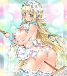 1girls 2016 artist_name ass at_classics blonde_hair blue_eyes broom elf lace lace_trim lingerie maid original original_character see-through_bra