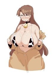 1girl 1girls 2d 2d_(artwork) 2d_artwork azumanga_daiou bell_collar big_ass big_breasts big_butt bikini_top blush blush_lines blushing breast_squish breasts breasts_bigger_than_head breasts_squeezed_together brown_clothing brown_hair buttons cleavage cleavage_overflow coat collarbone color colored_sketch colorized coveralls cow_bell cow_bell_collar cow_print cow_print_bikini cow_print_bra cowbell dumptruck_ass dumptruck_butt eyebrows_visible_through_hair eyelashes eyelashes_visible_through_hair female female_focus female_only front_heavy_breasts front_view full_cleavage glasses hair holding_shirt huge_ass huge_breasts jumpsuit koyomi_mizuhara large_ass large_breasts leebongchun light_brown_hair lips_parted long_hair navel navel_line nipple_bulge no_eyes overflowing_breasts pale-skinned_female pale_skin shiny shiny_breasts shiny_hair shiny_skin shirt_open sketch skindentation small_waist soft_breasts solo standing thick_ass thick_butt thick_hips thick_thighs thin_eyebrows thin_waist tiny_waist very_long_hair watercolor_(artwork) white_background wide_hips