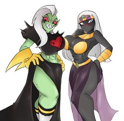 2girls abs bamman bare_legs bare_midriff big_breasts black_skin breasts cleavage crossover crossover_pairing disney disney_channel disney_xd duck_dodgers female_only green_skin hand_on_hip lord_dominator queen_tyr'ahnee red_eyes tagme thick thick_thighs wander_over_yonder white_hair