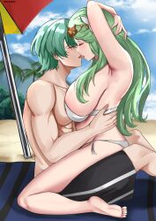 1boy 1girls alternate_costume arms_behind_head beach bikini breasts byleth_(fire_emblem) byleth_(fire_emblem)_(male) byleth_(male)_(fire_emblem) circlet closed_eyes fire_emblem fire_emblem:_three_houses flower french_kiss green_hair hair_flower imminent_sex kiss large_breasts mature_female muscular muscular_male nintendo outdoors passionate_kiss rhea_(fire_emblem) straddling straddling_lap straight swimming_trunks swimsuit tian_kazuki tongue_kiss white_bikini white_swimsuit
