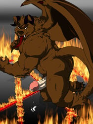 anthro anthro_only brown_fur canine demon demonic fire fur furry hellfire humanoid_penis long_tongue male male_only mammal markwulfgar muscular muscular_male no_humans nude penis pentagram precum solo tongue were werewolf wings