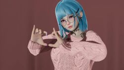 3d ahwlly ahwlly_(artist) animated blue_hair bob_cut choker ear_piercing glasses hairclip heart_hands heart_symbol looking_at_viewer nail_polish pink_eyes self_insert self_upload short_hair sweater tagme video