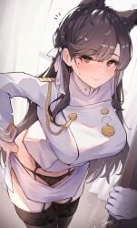 1boy 1girls accidental_exposure atago_(azur_lane) azur_lane blush blushing breasts commander_(azur_lane) full-face_blush garter_belt garter_straps gloves huge_breasts light-skinned_female light_skin long_hair long_sleeves looking_at_viewer mole mole_under_eye nervous_sweat pov sakura_empire_(azur_lane) sea_nami signature sweatdrop undressing