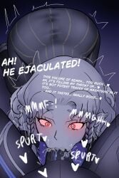 agrat_bat_mahlat_(megami_tensei) blowjob blowjob_face braided_hair cumming cumming_in_mouth demon demon_girl english_text fimpoopoo grey_hair looking_at_viewer megami_tensei red_eyes shaking_butt sharp_ears shin_megami_tensei shin_megami_tensei_v shin_megami_tensei_v:_vengeance surprised_expression text