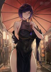 1girls black_hair child_bearing_hips china_dress chinese_clothes chinese_dress female female_focus female_only frozenspiderlily genshin_impact grey_eyes hair hip_windows holding holding_object holding_umbrella large_breasts light-skinned_female light_skin looking_at_viewer qipao short_hair sideboob smile smiling smiling_at_viewer tagme thick_thighs thighs umbrella wide_hips yelan_(genshin_impact)