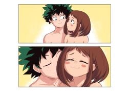 1boy1girl boku_no_hero_academia brown_hair cute deku green_hair izuku_midoriya kiss kiss_on_cheek midoriya_izuku my_hero_academia nude ochako_uraraka smile straight suoiresnu uraraka_ochako wholesome