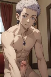 1boy ai_generated anime anime_style calm cute dick earrings grey_eyes grey_hair looking_at_viewer male male_focus male_only mitsuya_takashi muscular muscular_male necklace pale-skinned_male pale_skin solo solo_focus solo_male takashi_mitsuya tokyo_revengers white_eyes white_hair