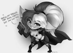 2024 2d arisa_(teemoty) black_and_white black_and_white_hair commission english_text gun oc seductive_look smiling_at_viewer tagme text tied_hair tonzy twitter_username weapon yordle