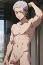 1boy abs ai_generated anime anime_style arm_up calm concerned cute dick earrings grey_eyes grey_hair holding looking_at_viewer male male_focus male_only mitsuya_takashi muscular muscular_male necklace pale-skinned_male pale_skin solo solo_focus solo_male sweat sweating sweaty sweaty_body takashi_mitsuya tokyo_revengers white_eyes white_hair