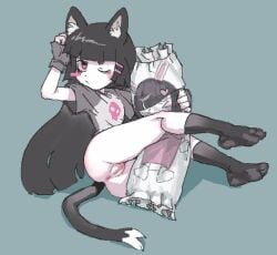 accessory animal_humanoid anus ass bangs black_hair blush body_pillow cat_humanoid clothing felid felid_humanoid feline feline_humanoid female fingerless_gloves footwear genitals gloves hair hair_accessory hairclip handwear humanoid inner_ear_fluff kinshi76 long_hair looking_at_viewer mammal mammal_humanoid one_eye_closed pillow presenting presenting_hindquarters presenting_pussy pussy shirt socks solo t-shirt tail topwear tuft usagichi_(vkontakte) vkontakte zizi_(vkontakte)