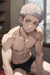 1boy abs ai_generated anime anime_style black_underwear calm cute earrings grey_eyes grey_hair looking_at_viewer male male_focus male_only mitsuya_takashi muscular muscular_male necklace pale-skinned_male pale_skin solo solo_focus solo_male sweat sweating sweaty sweaty_body takashi_mitsuya tokyo_revengers underwear white_eyes white_hair
