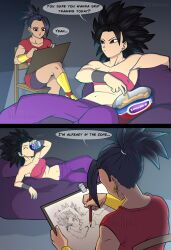 2girls armpits black_hair breasts caulifla completely_nude crossed_legs dark-skinned_female dark_skin dragon_ball dragon_ball_super earrings english_text female female_only kale kale_(dragon_ball) large_breasts legs long_hair medium_breasts medium_hair miniskirt multiple_girls nude pervert pervert_female red_skirt sex_invitation shorts skirt text universe_6/universe_7 universe_6_girls