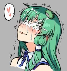 ahemaru alternate_version_available cum cum_on_eyes cum_on_face facial green_eyes green_hair hair_ornament heart ouch sanae_kochiya spoken_heart tagme tagme_(artist) tied_hair touhou