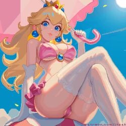 1girls animated ass bikini blonde_hair blue_eyes bra breasts cameltoe clothing crossed_legs dress female female_only itzah legs_crossed long_hair looking_at_viewer looking_down mario_(series) mushroom nintendo outdoors panties partially_visible_vulva pixel_art princess_peach shorter_than_10_seconds shorter_than_30_seconds sitting solo solo_female stockings super_mario_bros. tagme thighhighs thighs upskirt video