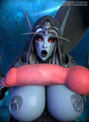 1girls 3d banshee_(warcraft) big_breasts big_penis blizzard_entertainment blood_elf blue_skin breasts breasts_bigger_than_head canine chaossu3d cock_shock dark_ranger elf female forsaken glowing_eyes hood hood_up huge_breasts huge_cock huge_penis lipstick looking_at_penis makeup nipple_piercing nipples open_mouth penis penis_awe pierced_nipples red_eyes runny_makeup shocked_expression sylvanas_windrunner uncensored undead undead_(warcraft) undead_female warcraft werewolf worgen world_of_warcraft