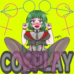 1girls artist_signature barefoot big_breasts blunt_bangs blush bobcut cosplay_(vocaloid) cosplay_gumi english_text female full_body glasses green_background green_eyes green_hair gumi heart-shaped_pupils lips lipstick makeup masa_works_design panty_peek pink_nail_polish pink_nails red_lips red_lipstick short_hair simple_background skirt solo solo_female song song_name spread_legs squatting suggestive suggestive_look suggestive_pose symbol-shaped_pupils tagme text upper_teeth_only vocaloid your.nbfriend_sage zettai_ryouiki